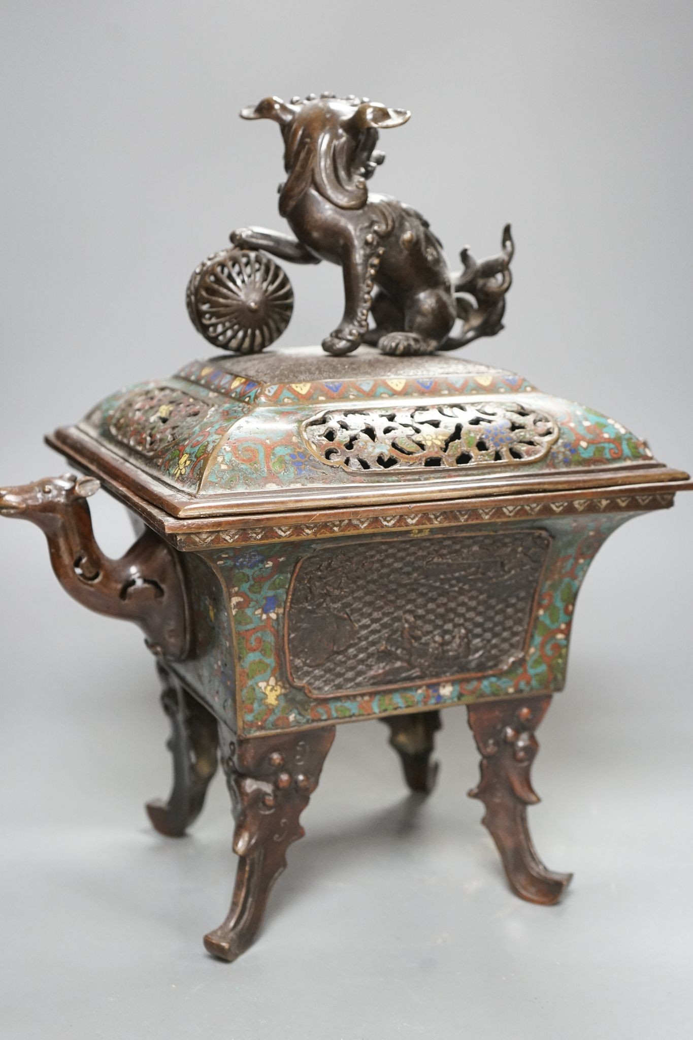 A 19th century Oriental bronze and enamel censer and cover, 40cm